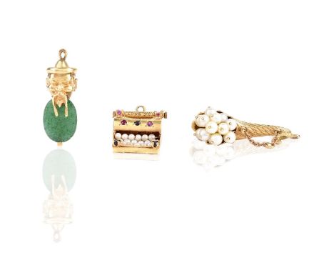 Three (3) Vintage 14 Karat Yellow Gold Charms, Typewriter with Pearl, Ruby and Sapphire Accents, Chinese Man with Jade, Cornu