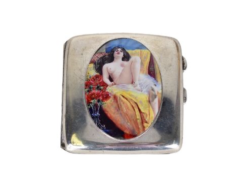 English Silver and Enamel Cigarette Case. The case depicts a reclining nude. Signed with English Hallmarks: Birmingham 1942. 