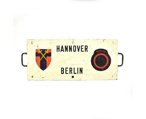 Vintage German Berlin-Hannover Street Sign With Handles. Measures 12-1/2" H X 31-1/2" W. Domestic Shipping: Third party Min E