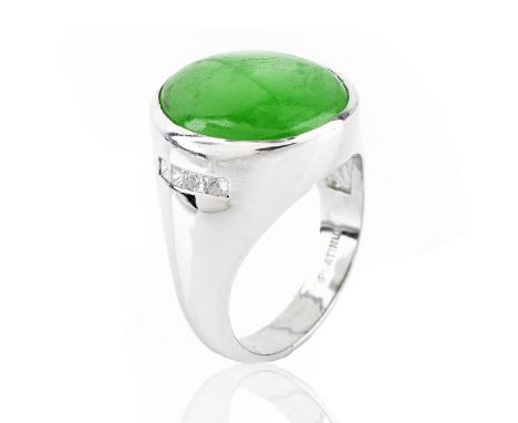 Man's Vintage Cabochon Jade and Platinum Ring with Small Diamond Accents. Jade measures 18mm x 15mm. Stamped Platinum. Ring s