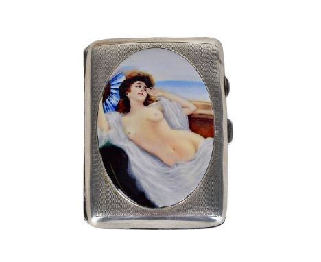 English Silver and Enamel Cigarette Case. The case depicts a reclining nude. Signed with English Hallmarks: Birmingham 1929. 