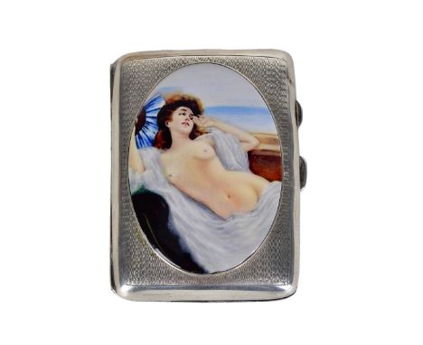 English Silver and Enamel Cigarette Case. The case depicts a reclining nude. Signed with English Hallmarks: Birmingham 1929. 