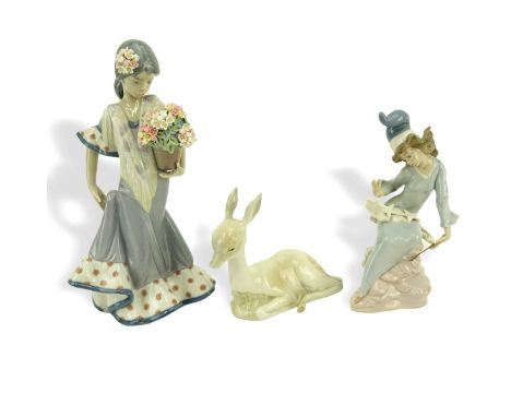 Grouping of Three (3) Vintage Porcelain Figurines. Includes: Lladro Flor Maria #5490, Lladro star gazing figurine, and Spanis