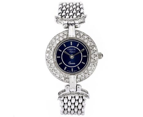 Lady's Vintage Geneve Supreme 14 Karat White Gold Bracelet Watch with Pave Set Diamond Bezel, Quartz Movement. Stamped 14K It