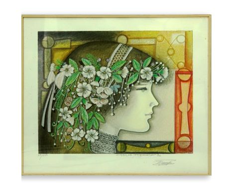 Virgilio Trómpiz, Venezuelan (1927 - 2012) Color lithograph "Girl With Flowers In Her Hair". Signed in pencil and dated '86. 