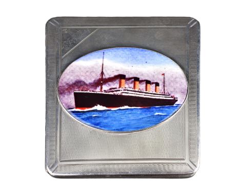 English Silver and Enamel Cigarette Case. The case depicts the Titanic. Inscribed on front and on the interior. Signed with E