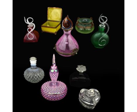 A Collection of Nine (9) Vintage Perfume Bottles and Vanity Items. Includes bottles of various shapes as well as boxes and va