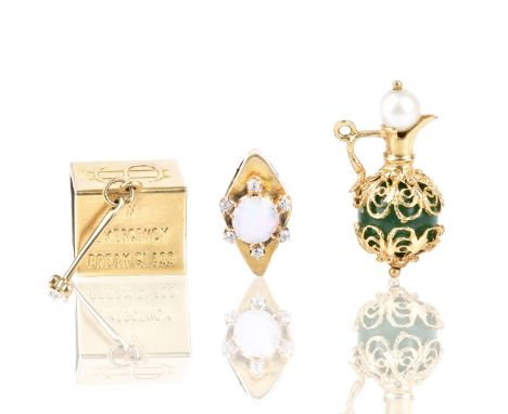 Three (3) Vintage 14 Karat Yellow Gold Charms, One with Opal and Diamond Accents, One with Jade and Pearls Accents. One stamp