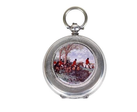 800 Silver and Enameled Pocket Watch. Depicts a hanting scene. Hallmarks. Measures 1-3/4" dia. Weighs approx. 2.59 troy ounce