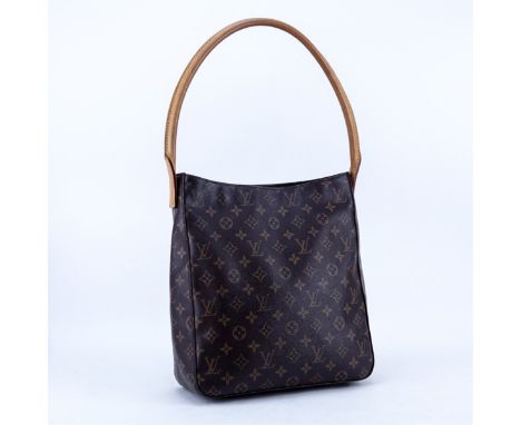 Louis Vuitton Brown Monogram Coated Canvas And Leather Looping GM Handbag. Golden brass hardware. Beige suede interior with z