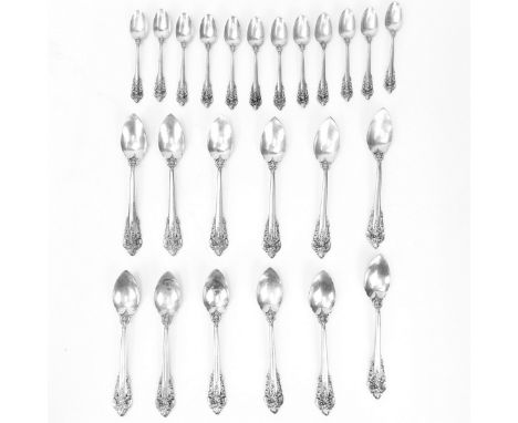 Twenty Four (24) Wallace Grande Baroque Sterling Silver Spoons. Includes 12 citrus spoons, 12 demitasse spoons. Signed approp