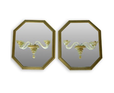Pair of Vintage Venetian Glass Sconces Mounted On Mirrors. Unsigned. Mirrors measure 29" x 25". Domestic Shipping: Third part