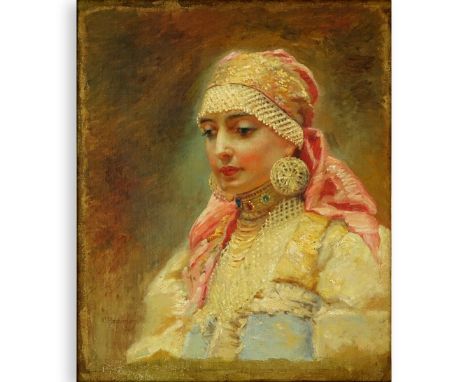 After: Konstantin Yegorovich Makovsky (1839 - 1915) Oil on canvas "Portrait Of A Girl" Signed lower left. Measures 19-1/2" x 
