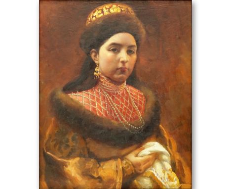 After: Klavdi Vasilievich Lebedev, Russian (1852 - 1916) Oil on canvas "Portrait Of A Woman". Signed lower right. Measures 15