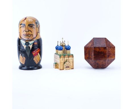 Grouping Of Three (3): Vintage Russian Matryoshka Of Gorbachev, Vintage Burlwood Box, And Vintage Russian Lacquer Wood Trinke