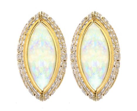 Approx. 15.0 Carat Marquise Cut Opal, 2.90 Carat Pave Set Round Brilliant Cut Diamond and 18 Karat Yellow Gold Earrings. Opal