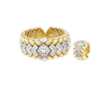 Vintage Probably Italian Round Brilliant Cut Diamond and Heavy 18 Karat Yellow and White Gold Flexible Cuff Bangle Bracelet a