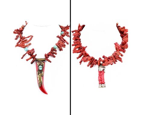 Two (2) Vintage Red Branch Coral Necklaces With Pendants. Unsigned. Measures 18" L. Domestic Shipping: $28.00 Min Est. $100.0