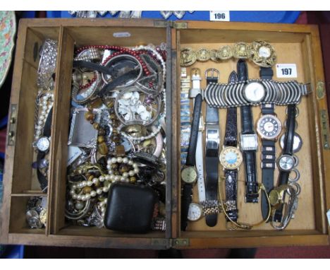 Assorted Ladies Wristwatches, openwork bangle stamped "925", costume jewellery, etc; contained in an old writing box (incompl