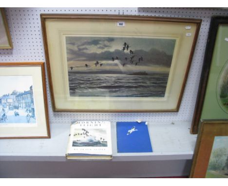 Peter Scott, Grey Lags at Chapel Island with a Flood Tide, print, signed lower right (label verso); together with two books, 