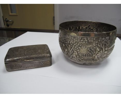 A Middle Eastern Style Cigarette/Trinket Box, of rounded rectangular form, allover engraved; together with a bowl, allover de