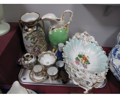 Noritake Twin Handled Vase, bowl, etc, Japanese lacquer snuff box, sake bottle and cup, two Continental pierced bowls and two