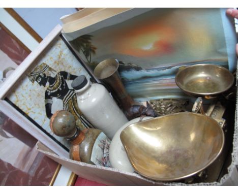 Weighing Scales, stoneware bottle and warmer, Beneres vase, pictures, etc:- One Box