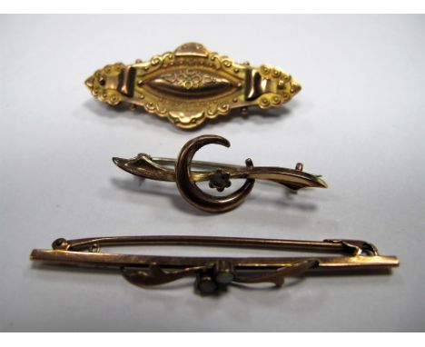 An Opal Set Bar Brooch, circular collet set; a 9ct gold brooch and another brooch. (3)