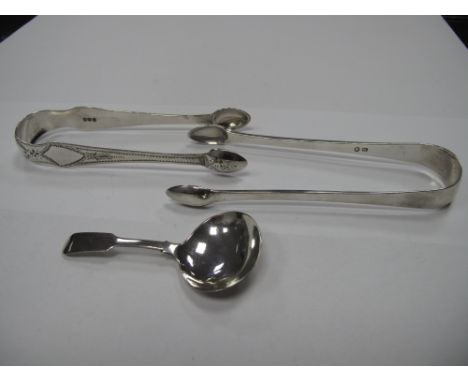 A Pair of Hallmarked Silver Sugar Tongs, with bright cut engraved decoration; together with another pair, of plain design and