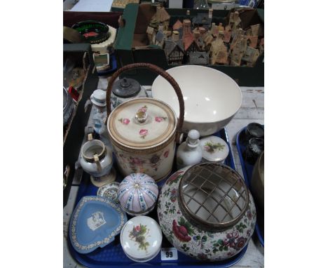 A Crown Devon Fieldings Blush Ivory Biscuit Barrel, trinket pot, Noritake vase etc:- One Tray