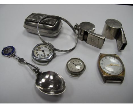 Acme Thunderer and Another Whistle, bangle, snuff box, wristwatch heads (lacking straps), hallmarked silver teaspoon "J. Bonu