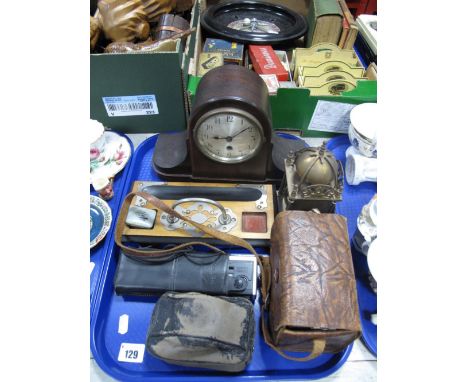 Early XX Century Mahogany Cases Mantel Clock, with silvered dial, brass lantern clock, No. 2 Brownie camera, Minolta pocket c