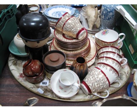 A Royal Grafton Part Tea Service, streaked pottery vase impressed "Belgium 2195", Royal Doulton rosebud teaware, Hornsea stor