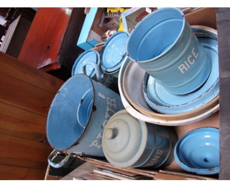 Blue Enamel Kitchen Storage Jars, T.G Green mixing bowl, etc:- One Box