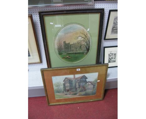 A W. Barber 'Moreton Old Hall' Watercolour, 31 x 45.5cm, signed and dated 1904, oval print of stately home. (2)