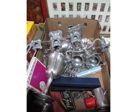 Meriden Plated Three Handled Trophy, candelabra, Walker and Lee four piece tea service, cutlery, bottle stoppers, tray, etc:-