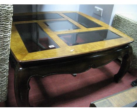 Chinese Style Coffee table, with a five glass panel top, shaped apron, on shaped legs.