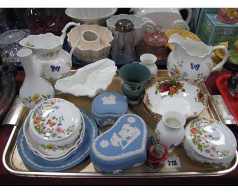 Aynsley "Cottage Garden" Pattern Jugs and Vases, Wedgwood jasperware heart shaped trinket box etc:- One Tray