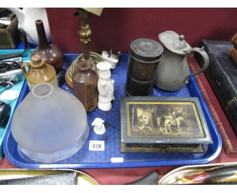 A Brass Table Lamp, Pearson's bottle vase, Rowntree tin, glass light shade, pewter jug etc:- One Tray