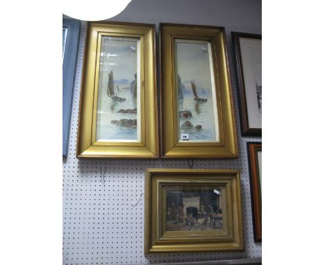 F. Turner, Fishing Boats, pair of watercolours; together with a XVII Century style print. (3)