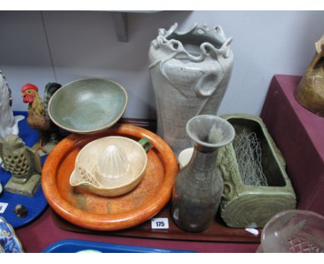 Carlton Ware Orange Lustre Shallow Bowl, Crown Devon lemon squeezer, Art Pottery vases, etc:- One Tray