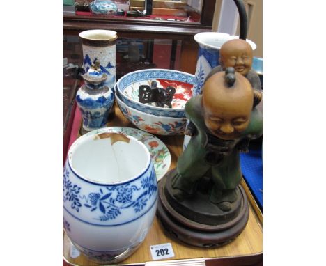 XIX Century Chinese Blue and White Sleeve Vase (damages), Chinese plate with Famille Rose decoration, table lamp, etc:- One T