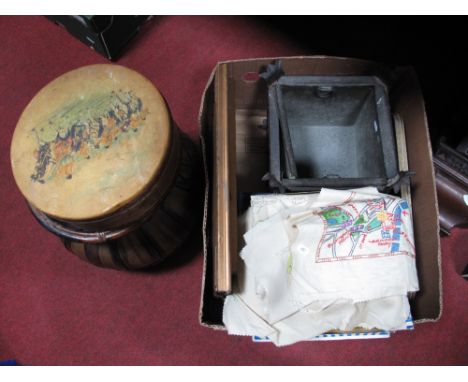 Tray with a Woolwork Map of Cornwall, woolwork tapestry of London, bamboo plant stand:- One Box