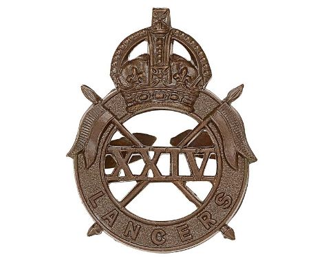 24th Lancers OSD WW2 cap badge circa 1940-44.Die-cast bronze crowned “LANCERS” circlet bearing crossed lances;  “XXIV” to voi