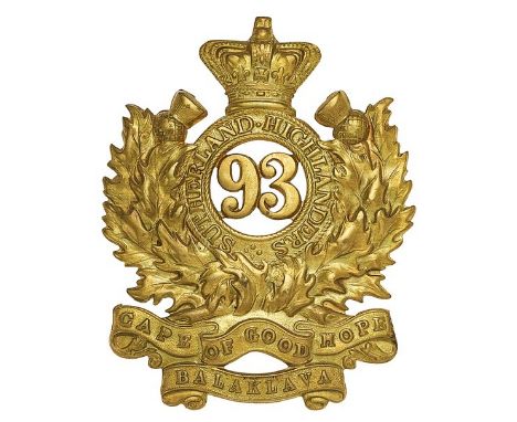 Scottish. 93rd Sutherland Highlanders glengarry badge circa 1868-81.Good scarce die-stamped brass crowned title circlet in th