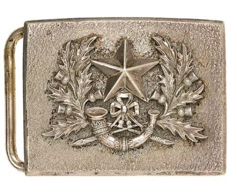 The Cameronians (Scottish Rifles) Officer’s waist belt plate.Good silvered seeded plate with burnished rim mounted with thist