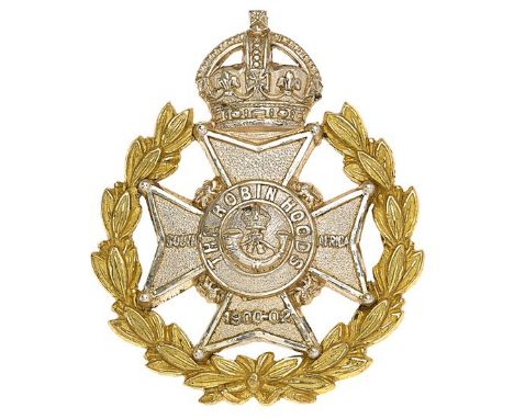 7th (Robin Hood) Bn. Sherwood Foresters post 1908 Officer’s cap badge.Fine die-cast example of Rifle Brigade pattern with bur