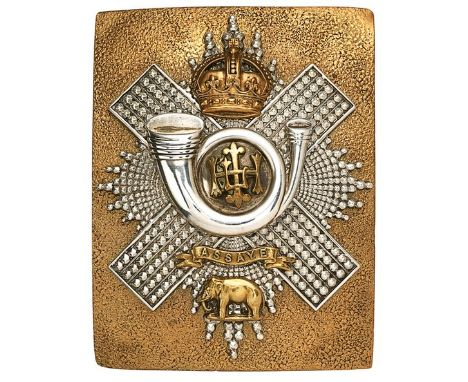 Scottish. Highland Light Infantry Officer’s HLI shoulder belt plate circa 1901-52.Good gilt seeded plate mounted with silver 