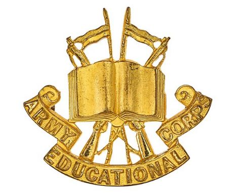 Army Educational Corps Officer’s gilt cap badge circa 1920-46.Fine die-cast gilt open book superimposed on crossed lances and