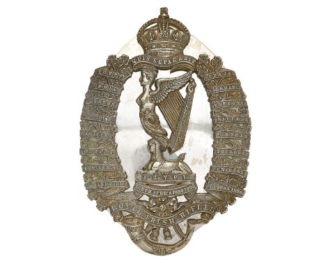 Royal Irish Rifles Officer’s post 1905 pouch belt plate.Fine die-stamped silvered crown on “QUIS SEPARABIT” over Maid of Erin